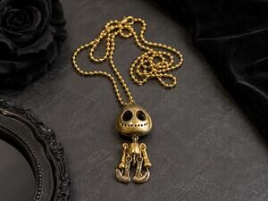 Gold Tone Dangle Alien Skeleton Pendant Necklace | Gothic Punk Emo Ball Chain